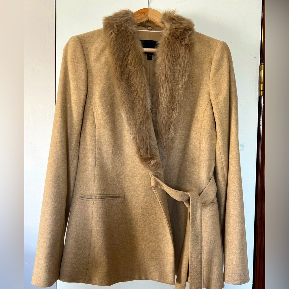 BANANA REPUBLIC Herringbone Wool blend Wrap Tie Coat with Faux Mink (removable)